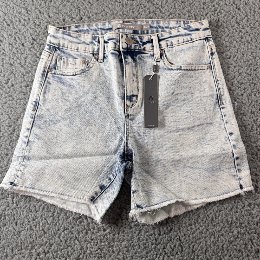 Tractr Acid Wash Blue Light Indigo High Rise Raw Hem Denim Shorts 4/27 NWT